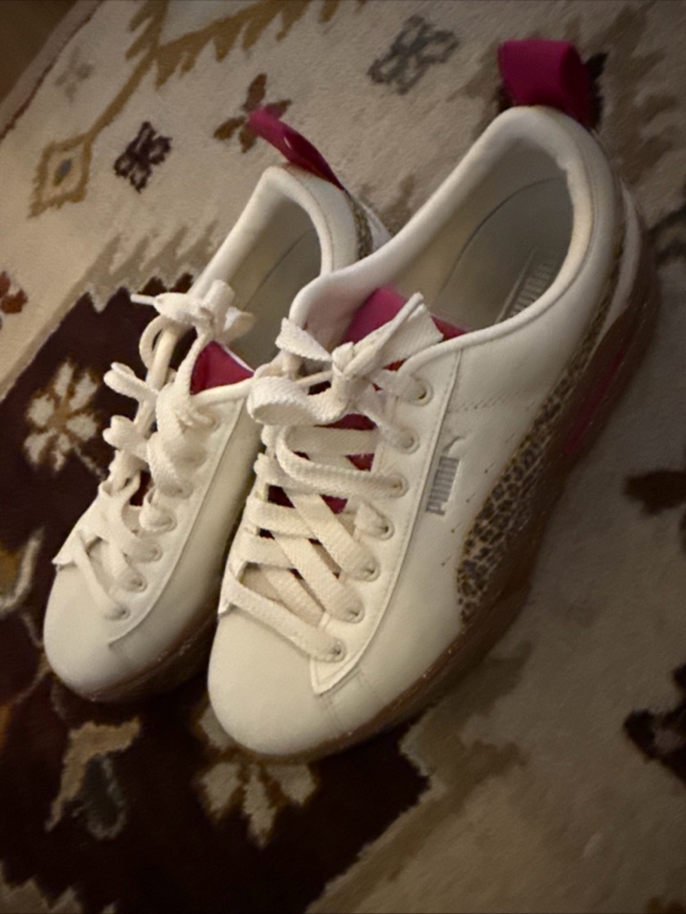 Puma Women’s Cream Leather Platform Sneakers with Leopard Detail - Picture 3 of 14